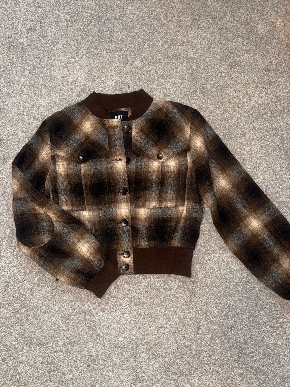 Kut from the Kloth Cropped Plaid Bomber Jacket - Brown & Black